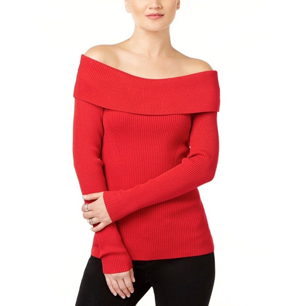 Michael Kors Off-the-Shoulder Red Ribbed Sweater